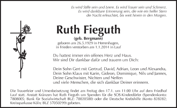 Traueranzeige von Ruth Fieguth von Pegnitz-Zeitung